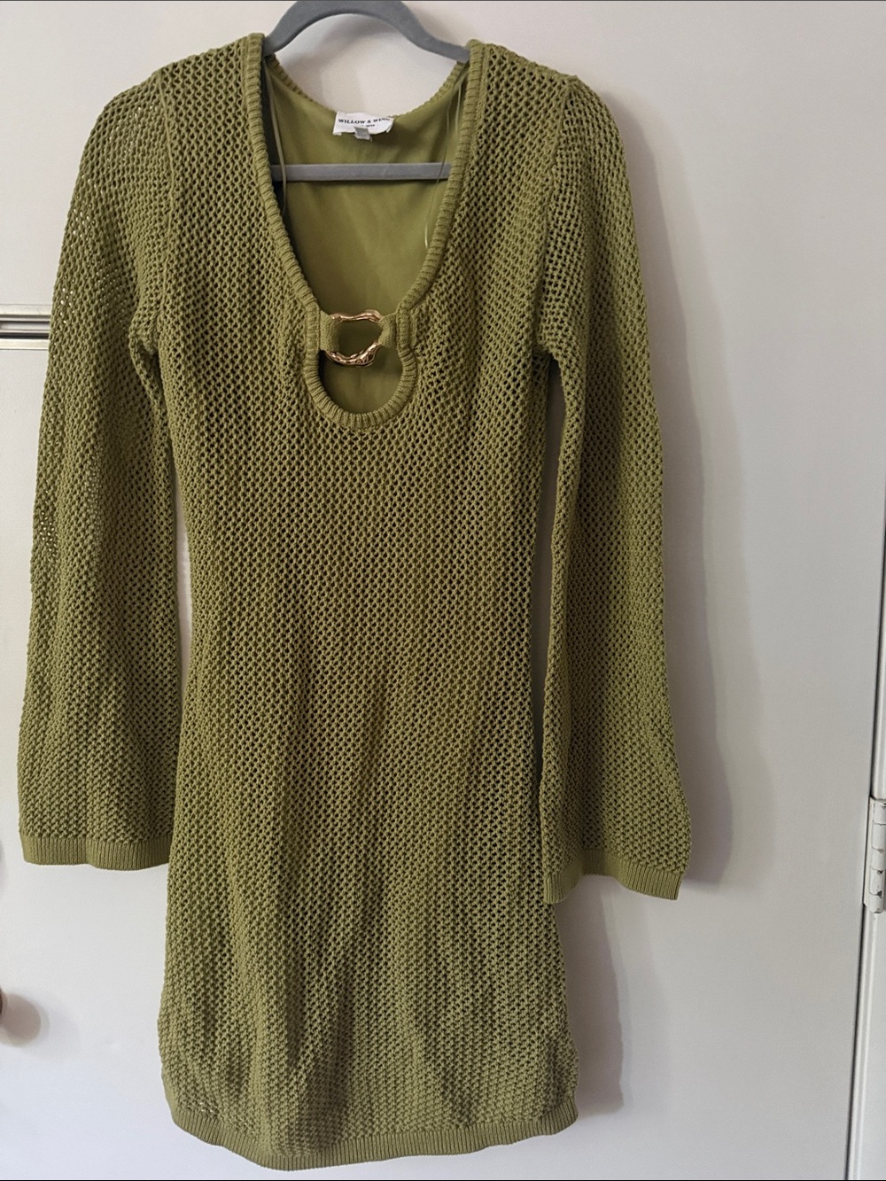 Long-Sleeve Olive Knit Dress with Gold Ring Detail
